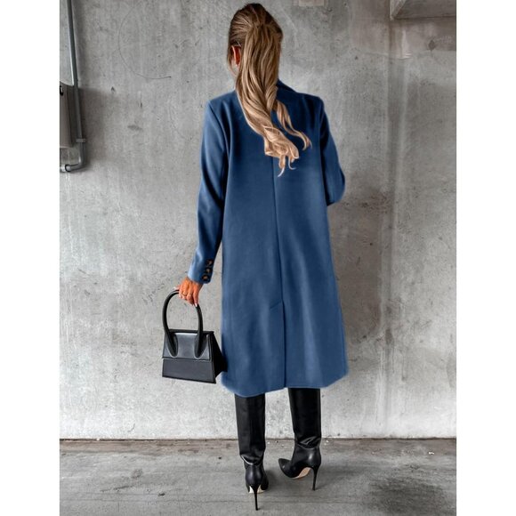 Womens Misty Blue Long Wool Coat Double Breasted Trench Coat Fall Winter Clothes - Picture 2 of 4